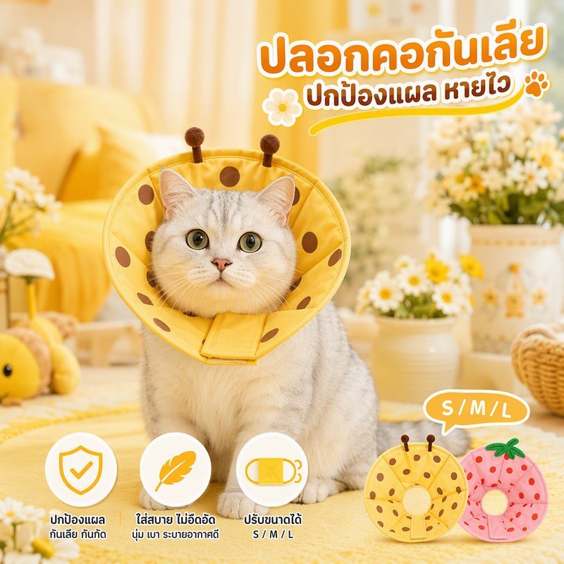 ปลอกคอกันเลีย แมว สุนัข S M L คอลล่ากันเลียแผล นุ่ม เบา ปรับได้ ใส่สบาย ลายสตรอเบอร์รี่ ผึ้ง