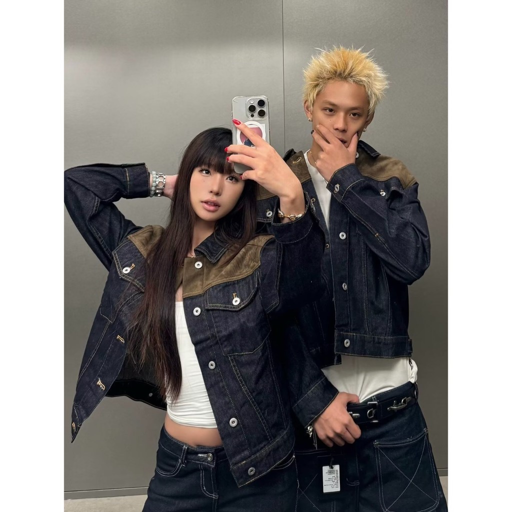 Baen Style DENIM Jacket Suede Stitching สีหลักของแท้ไหล่ DENIM Jacket ผู้ชายผู้หญิง