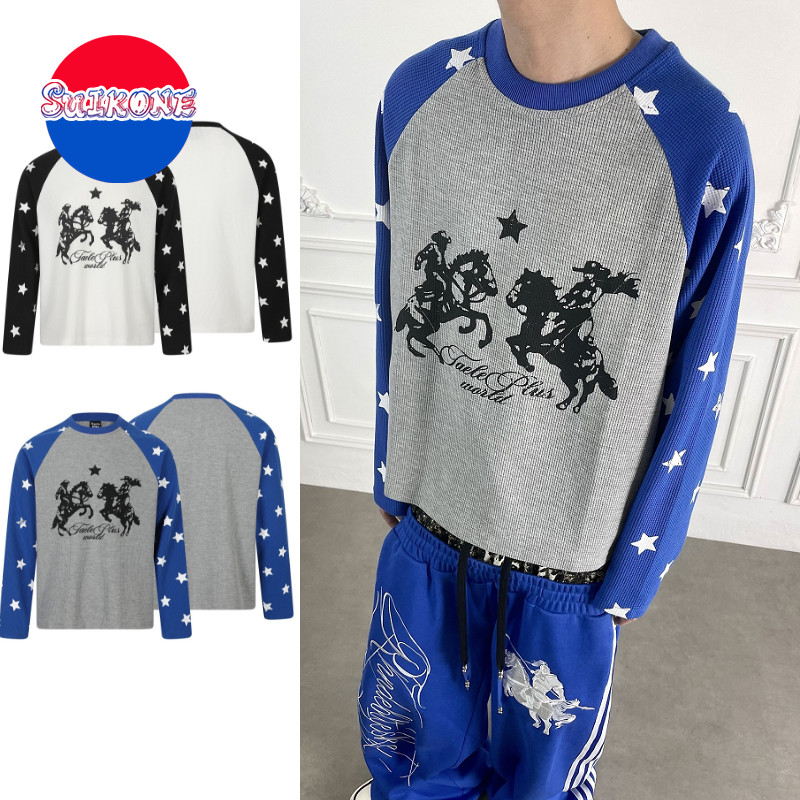 SUIKONE ซุยโคเนะ เสื้อยืดผู้ชายแขนยาวแบรนด์แฟชั่นอเมริกัน วาฟเฟิลสีตัดกันสไตล์เป็นกลาง