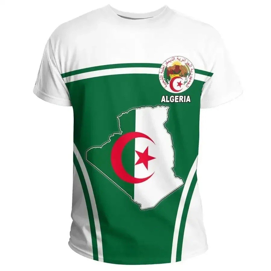 ท่องชายหาดNew Algeria Flag Graphic Casual เสื้อยืดผู้ชาย Algeria National Emblem T เสื้อแนวโน้มแอฟริ