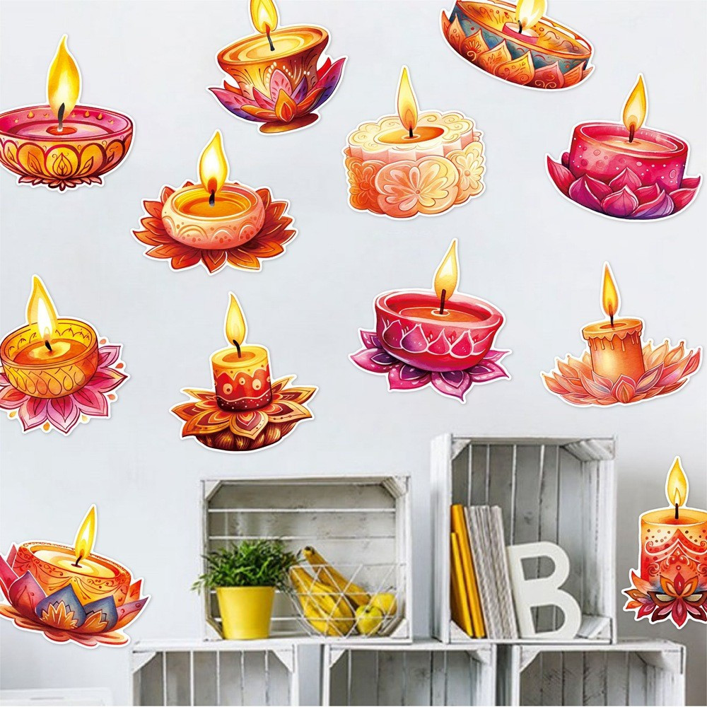 24 ชิ้น Deepavali สติ๊กเกอร์ติดผนัง Diwali เทศกาลตกแต่ง Diwali เทียนสติกเกอร์หน้าต่าง