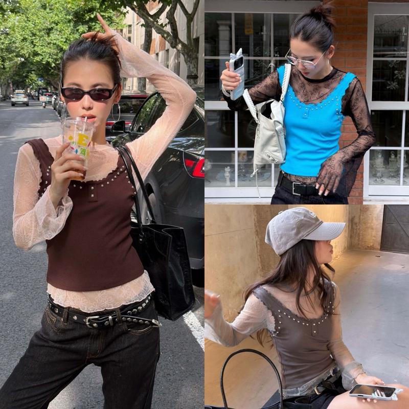 BY0690 2ชิ้น เสื้อลูกไม้แขนกระดิ่ง+เสื้อกล้ามหมุด benly co