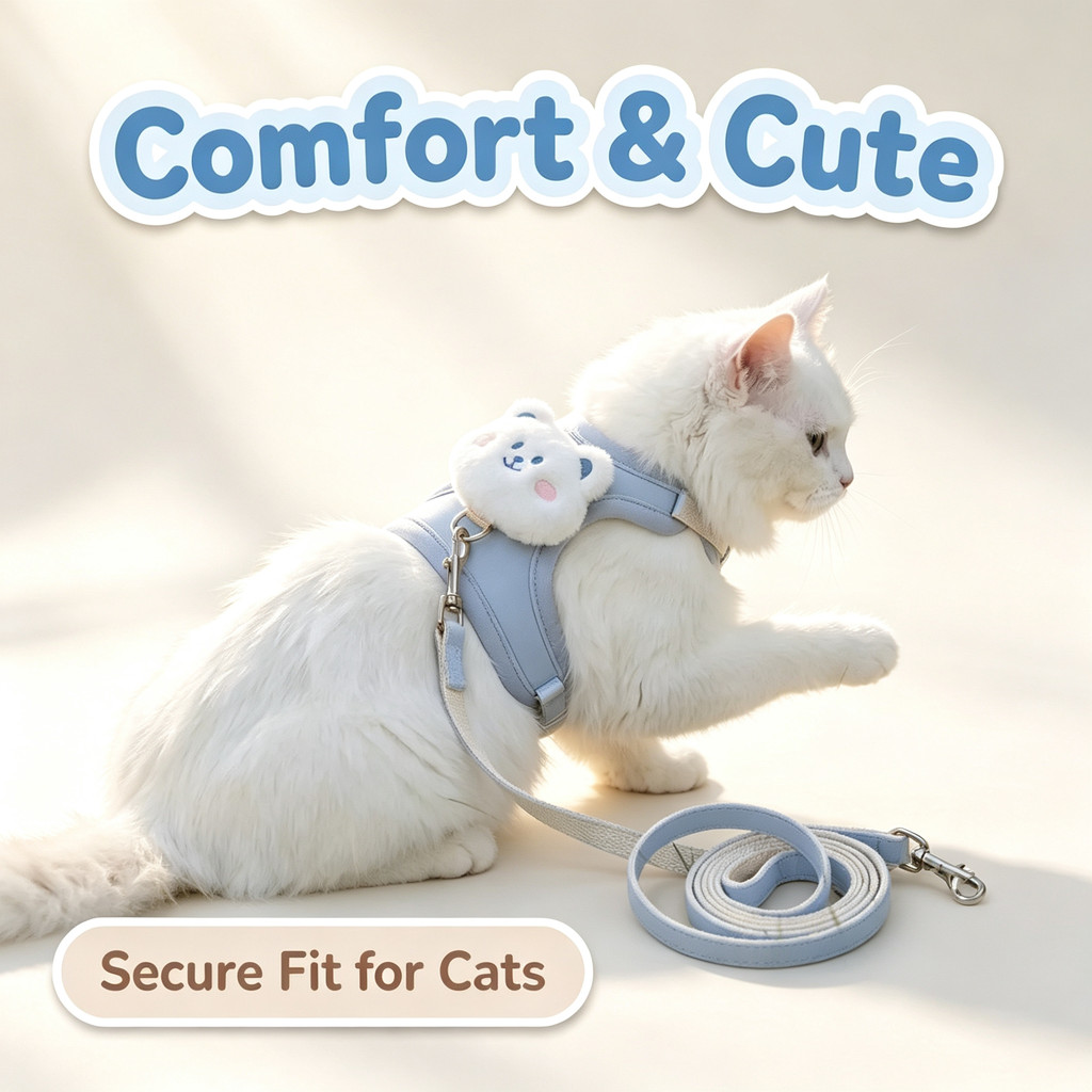 🐱สายรัดอกแมวลายตุ๊กตาหมี น้ำหนักเบา ปรับรอบอกได้ ไม่หลุดง่าย สำหรับพาออกไปเดินเล่น
