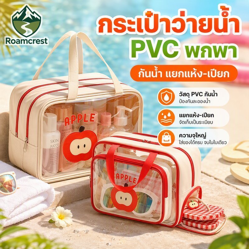 กระเป๋าว่ายน้ําแบบพกพากันน้ําพีวีซีความจุขนาดใหญ่แห้งเปียกแยกกระเป๋ารองเท้าแอปเปิ้ลน่ารัก