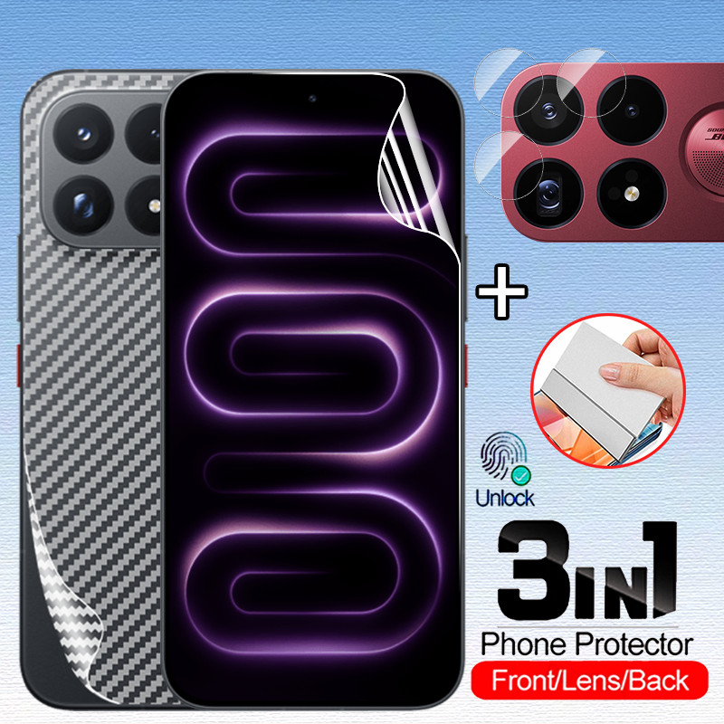 3in1 สําหรับ Xiaomi Poco F9 F8 Ultra Pro PocoF9 F9Ultra 5G ป้องกันหน้าจอ Hydrogel ด้านหน้านุ่มลายนิ้วมือปลดล็อคโปร่งใส HD ครอบคลุมกลับป้องกันฟิล์ม