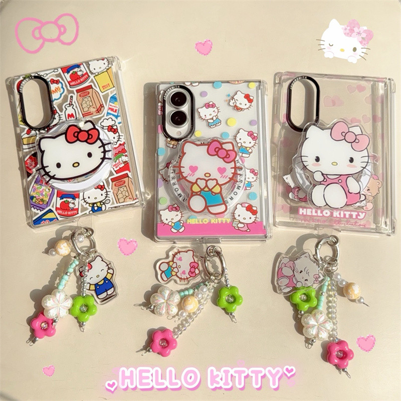 Wave Point Hello Kitty Magnetic Bracket Bracelet เคสโทรศัพท์สําหรับ Samsung Galaxy Z Fold 8 Ultra 7 