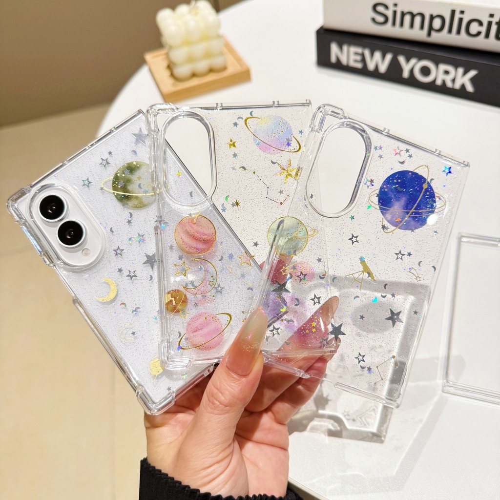 Ins Pink Planets Starry Sky เคสโทรศัพท์ใสสําหรับ Samsung Galaxy Z พับ 8 กว้าง Zfold8 ฝาหลังกว้าง