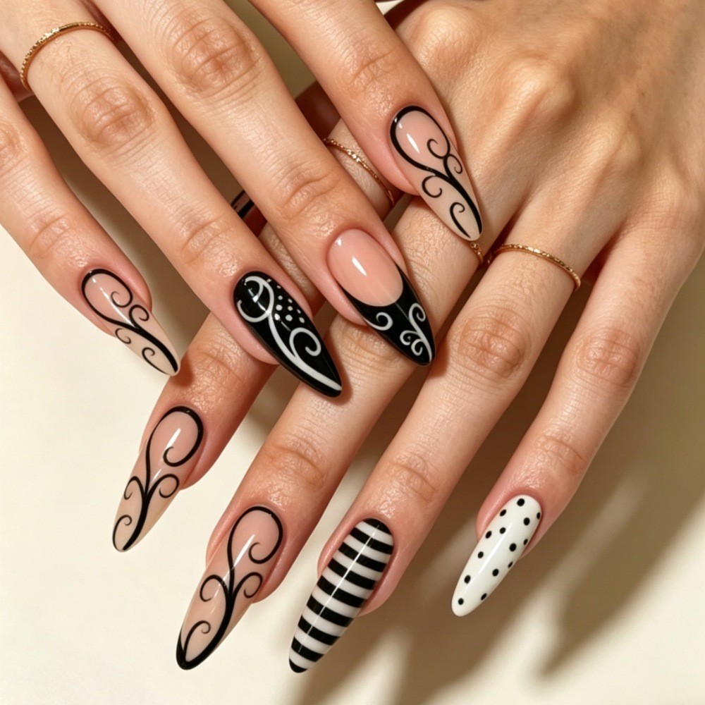 Sweet Cool Contrast Color Zebra Roll Grass Pattern Whitening Almond Nail Wear Nail Piece