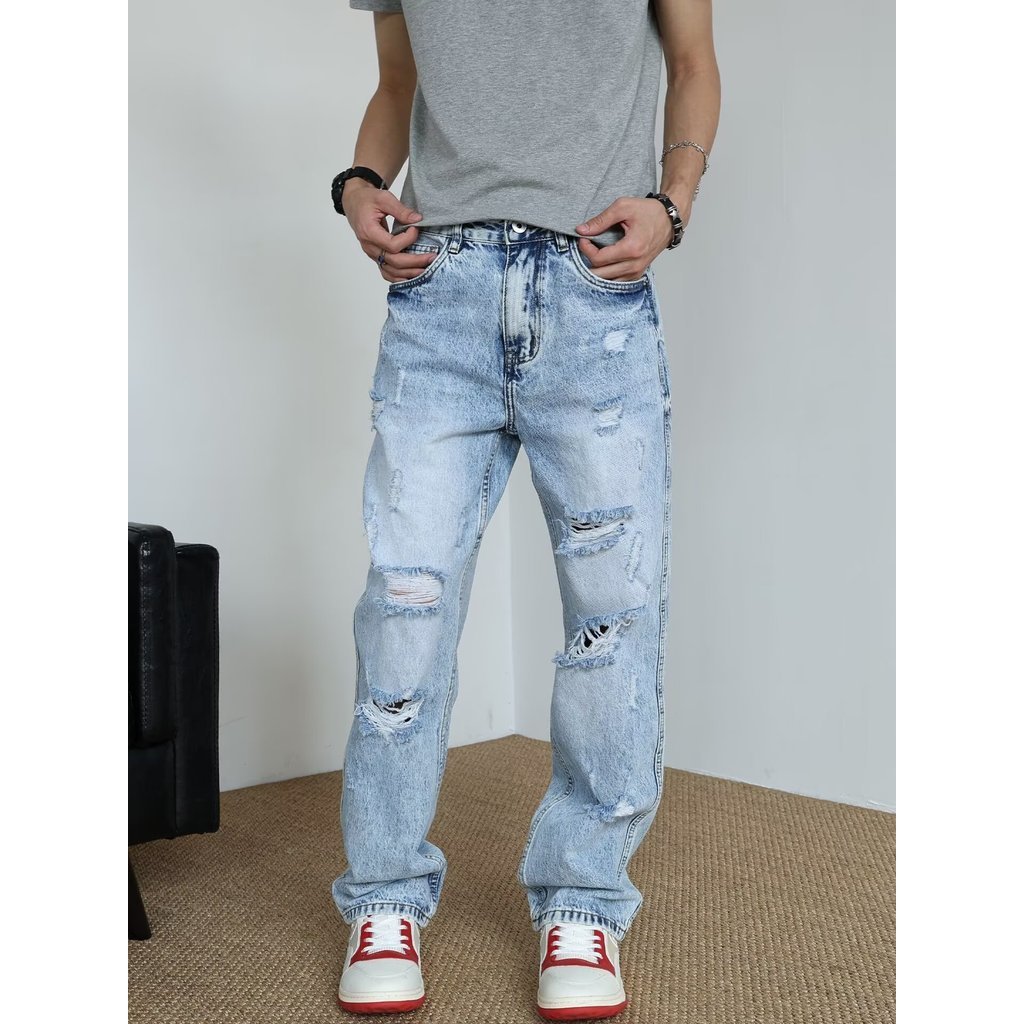 NXGEN American High Street Ripped Jeans Men Retro Washed Distressed cleanfit Micro-Flaw กางเกงขายาวผ