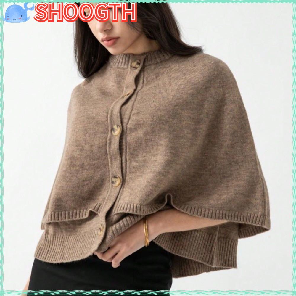 SHOOGTH Cape Design Coat, O คอหน้าอกสไตล์ถักเสื้อผ้าคลุมไหล่, แฟชั่นสั้นสีทึบ Chic Cape