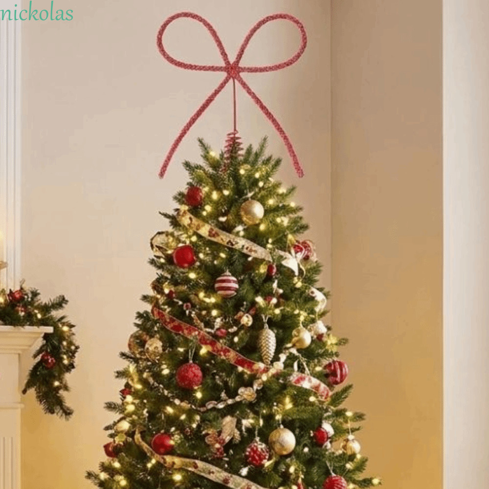 PHOECAXON Christmas Tree Topper, Luxury Bow Shaped Bow Tree Topper, แบบดั้งเดิมความงาม Glitter โลหะ 