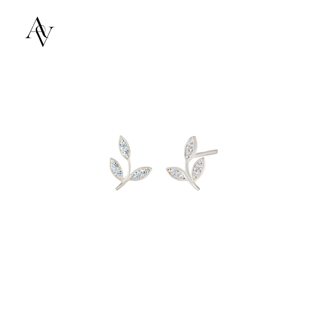 ต่างหูเงิน S925 สําหรับผู้หญิง รูปทรงดอกตูมและใบไม้ด้วยหิน rhinestone คุณภาพสูง - หรูหรา (KT-AVEE-ST