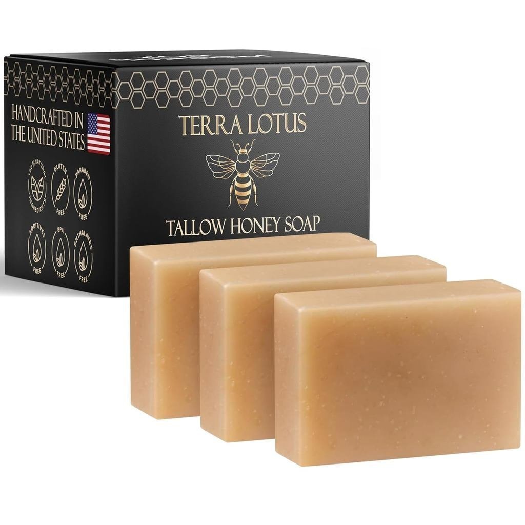 TerraLotus-OrganicTallowSoapwithOrganicCastorOil&RawHoney-Hydrating&Nourishing-3Pack(ไม่มีกลิ่น) S98