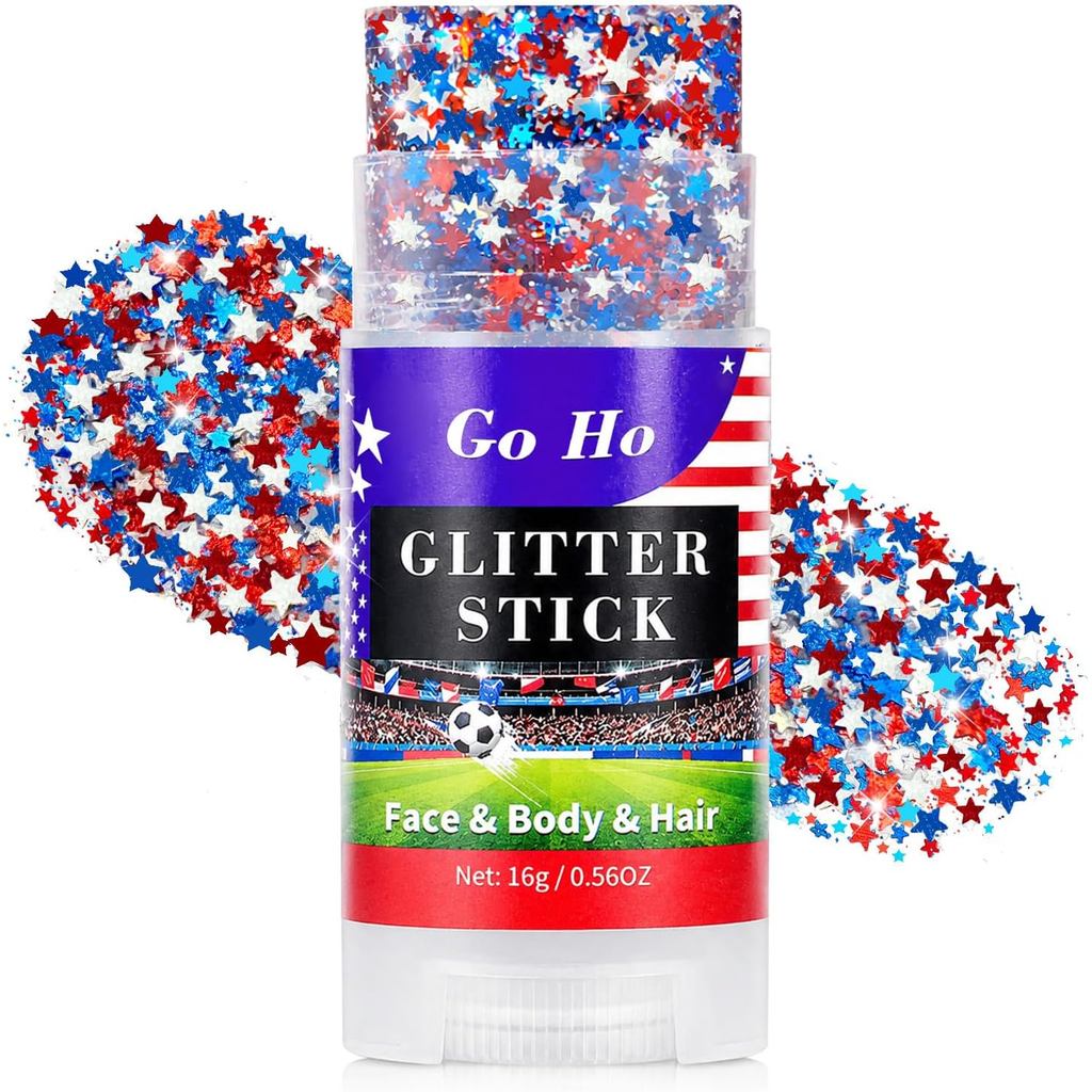 Go Ho สีแดงสีขาวและ Blue Star Face Glitter Stick,กันน้ํา Body & Hair Glitter,4th of กรกฎาคมอุปกรณ์เส