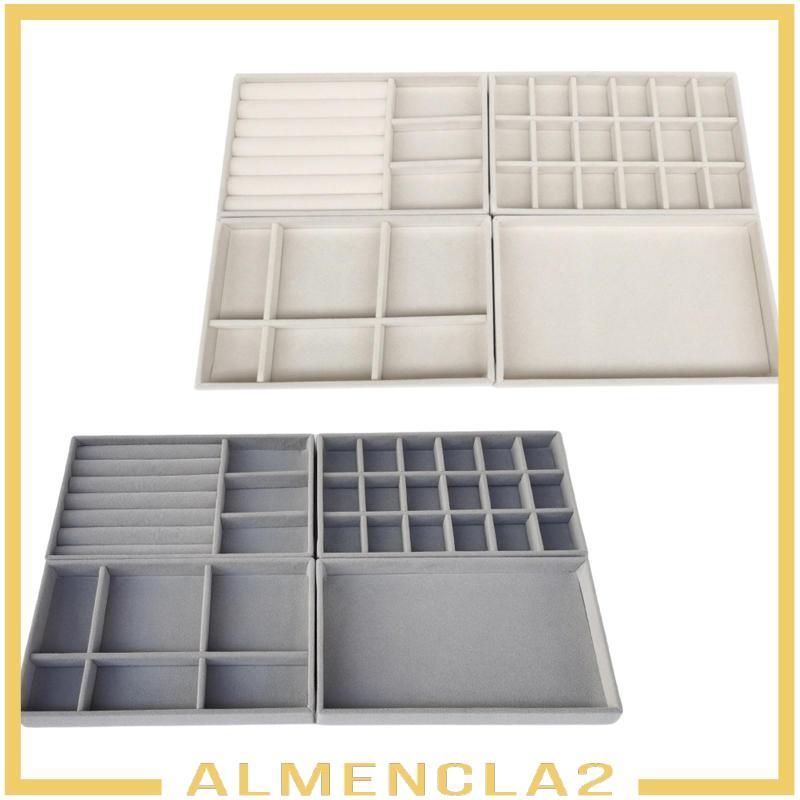 [Almencla2] 4 ชิ้นเครื่องประดับชุดแหวนถาดสร้อยคอถาดต่างหูถาดสร้อยข้อมือถาดวางซ้อนกันได้MDF Flockingถ