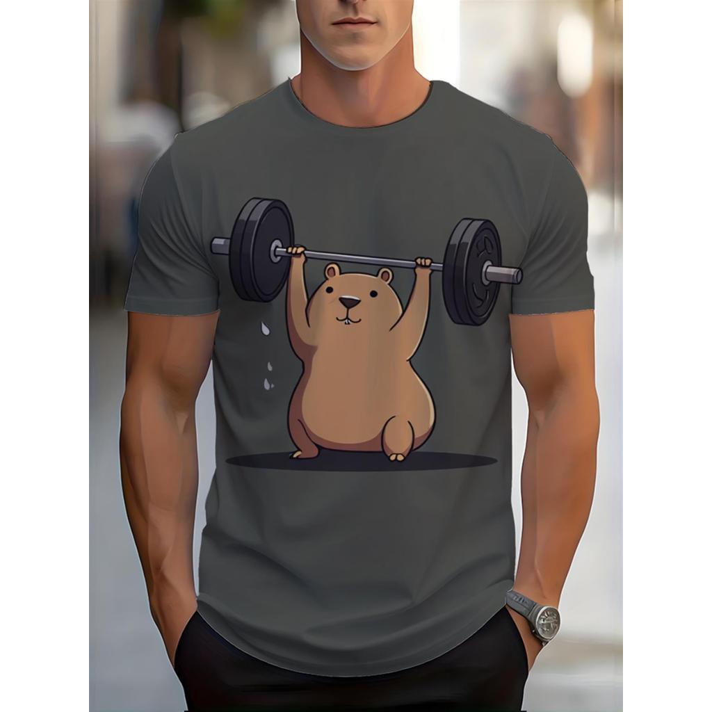 เสื้อยืดผู้ชาย Capybara Lifting Weights - Minimalist Gym & Casual Round Neck Tee with Capyb