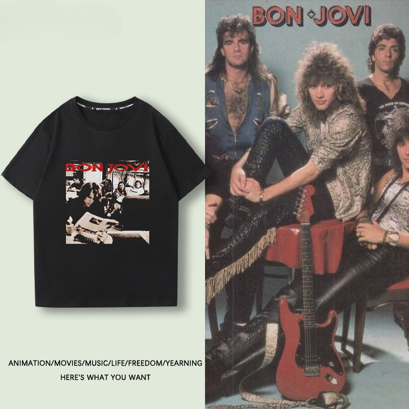 เสื้อยืดแขนสั้นสำหรับผู้ชาย ลายวงร็อค Bon Jovi Crush สไตล์วินเทจย้อนยุคแบบอเมริกัน ทรงหลวม