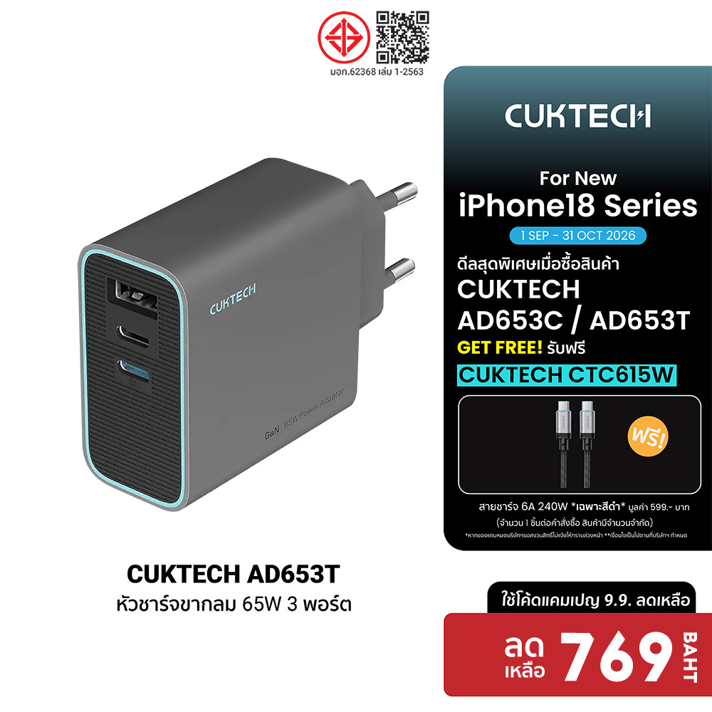 (แถมฟรี CTC615W) CUKTECH GaN3 AD653C / AD653T 65W หัวชาร์จเร็ว PD3.0 , QC มี 3 พอร์ตชาร์จ สำหรับ iPh