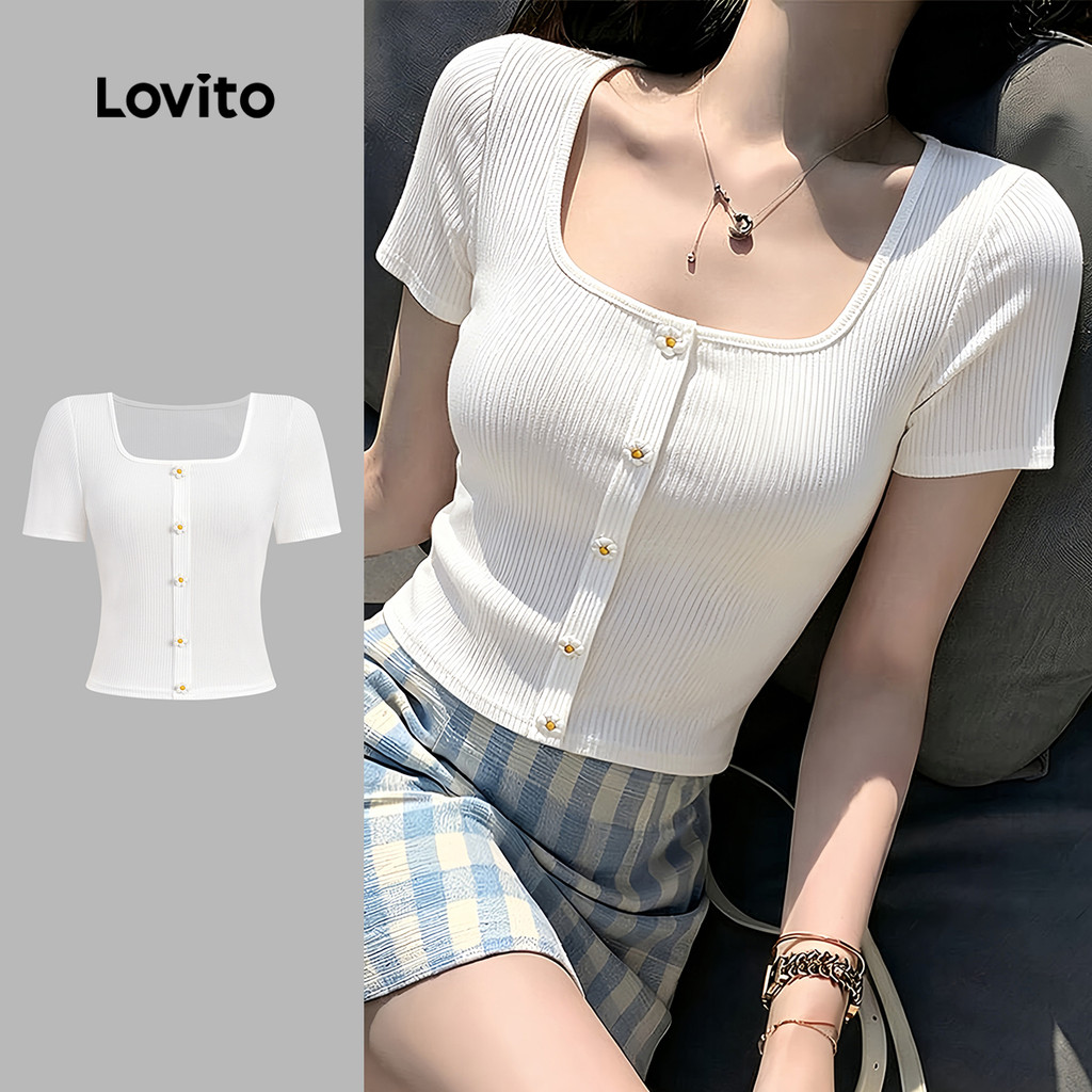 Lovito เสื้อยืดผู้หญิงสีขาวงาช้างดีไซน์เรียบหรู กระดุมหน้า สําหรับฤดูใบไม้ผลิ/ฤดูร้อน L199ED504