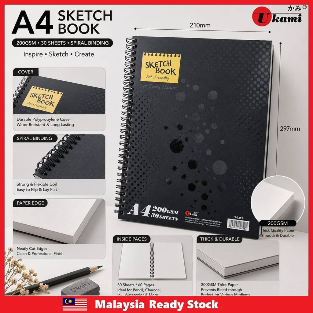 UKAMI A4 Sketch Book 200gsm 30 แผ่น Wire-O Binding (S-7313)