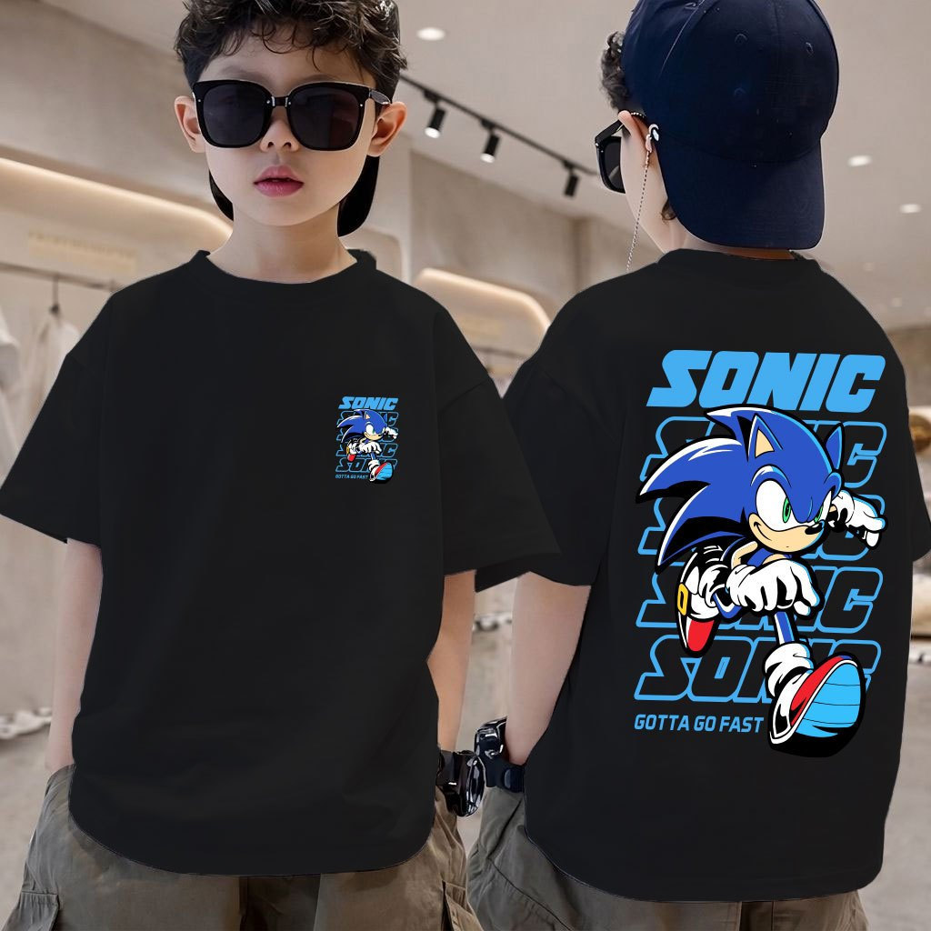 COD Sonic Front Back Print Kids Boys T Shirt Black Cotton Short Sleeve Cartoon Game Graphic Tee 1-14