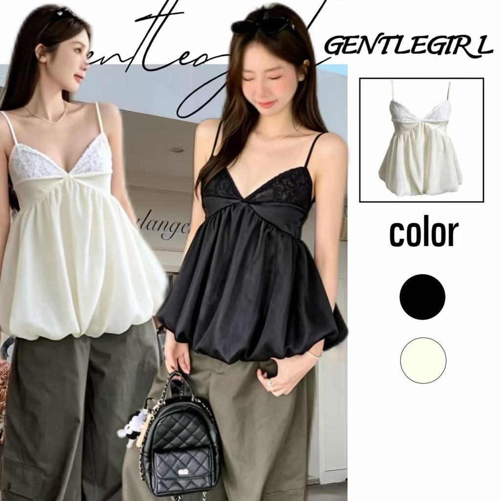 #GG🎀ซับในลูกไม้แท้ คอวีแขนกุดและสายเอี๊ยมแบบปรับได้ เสื้อครอปทรงหลวมและกระชับสัดส่วน