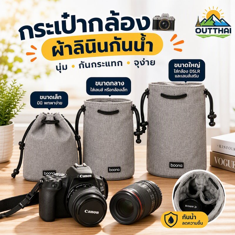 COD กระเป๋ากล้องผ้าแคนวาสกันละอองน้ำ ดีไซน์มินิมอล สำหรับกล้อง Mirrorless พร้อมเลนส์ มีหลายไซซ์ ปิดปากถุงแบบรูด