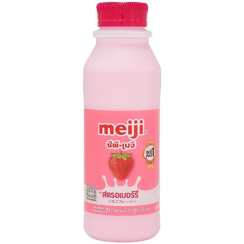 เมจินมสดรสสตรอเบอร์รี่ 450ซีซี Meiji Pasteurized Milk Strawberry 450cc.
