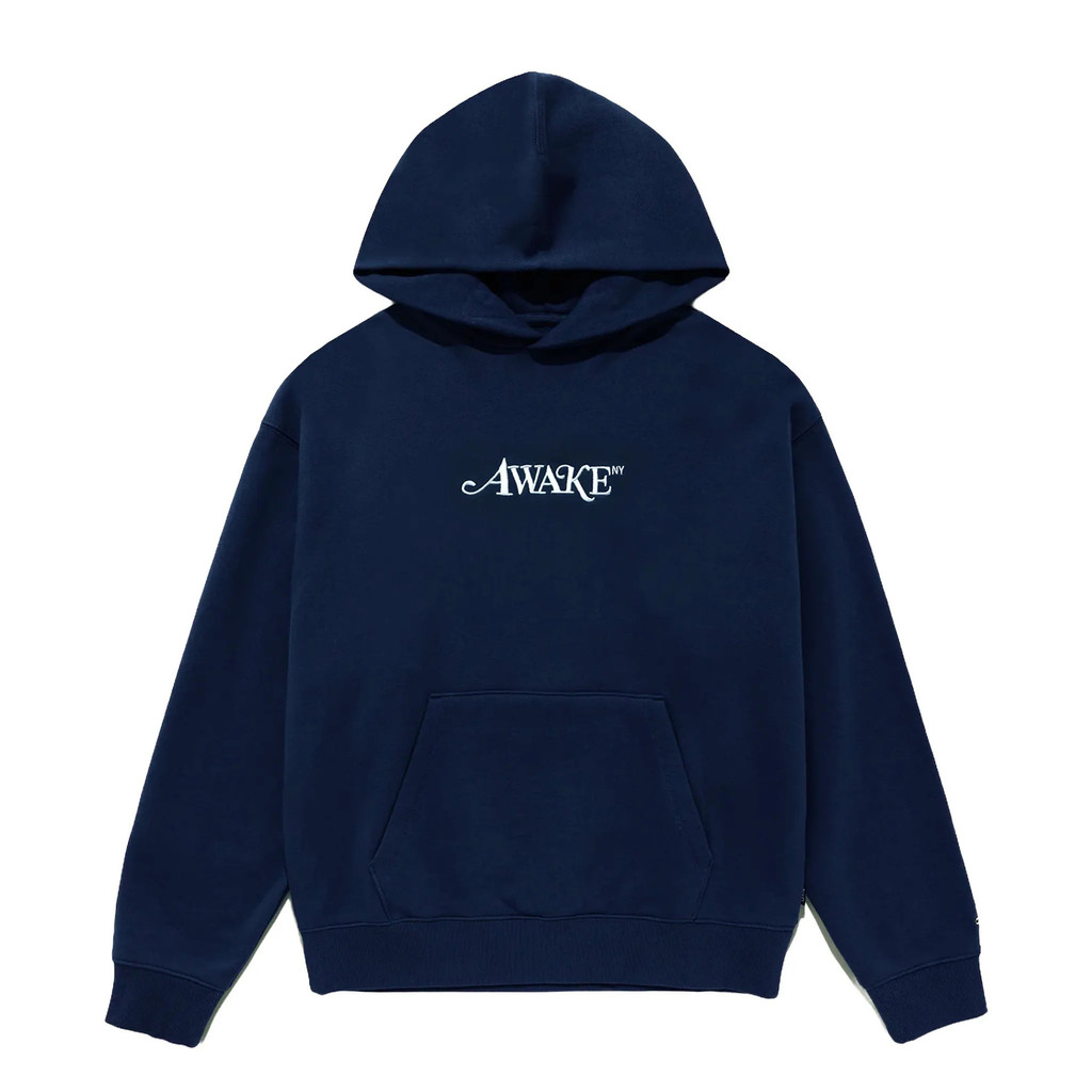QO7J Navy Blue Mens Hooded Sweatshirt Letter Print Kangaroo Pocket Retro Sports Hoodie