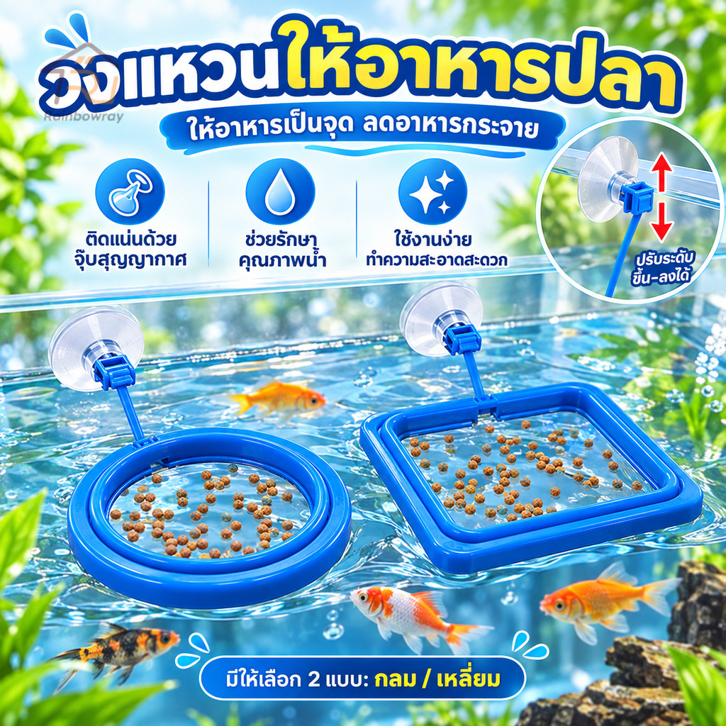 แหวนให้อาหารปลา ที่ให้อาหารปลา ห่วงให้อาหารปลา แบบลอยน้ำ กันอาหารฟุ้งกระจาย ทรงกลม/สี่เหลี่ยม
