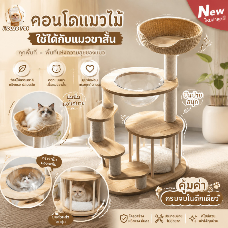 คอนโดแมวไม้ บ้านแมว คอนโดแมว เหมาะสำหรับเลี้ยงน้องแมว 2-3ตัว ของเล่นแมว แมวที่มีขาสั้น ขนาดใหญ่ เสาลับเล็บ