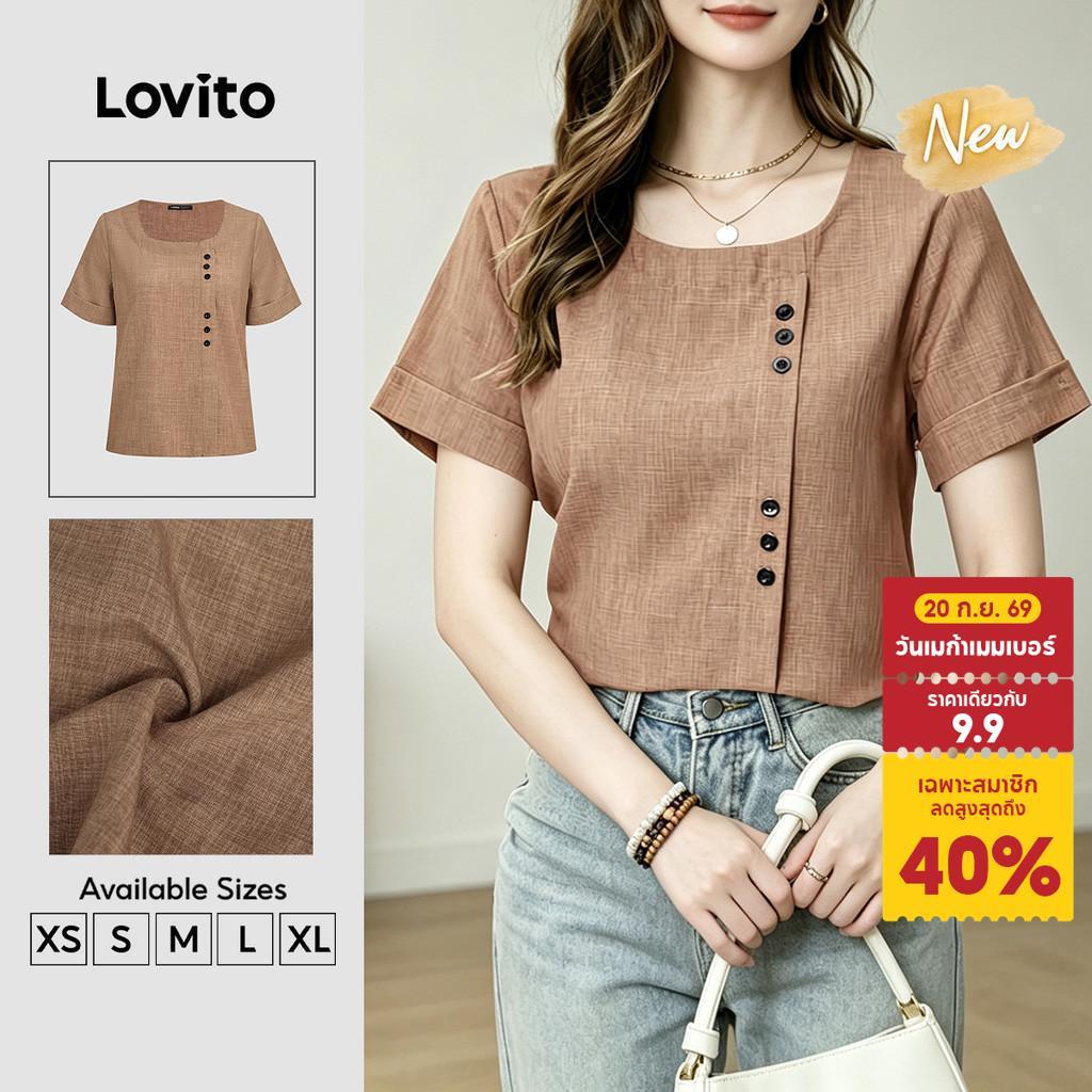 (New Arrival) Lovito เสื้อเบลาส์ผู้หญิง กระดุม สไตล์เรียบง่าย สีกากี เหมาะสําหรับฤดูใบไม้ผลิ/ฤดูร้อน BLB202P2D584