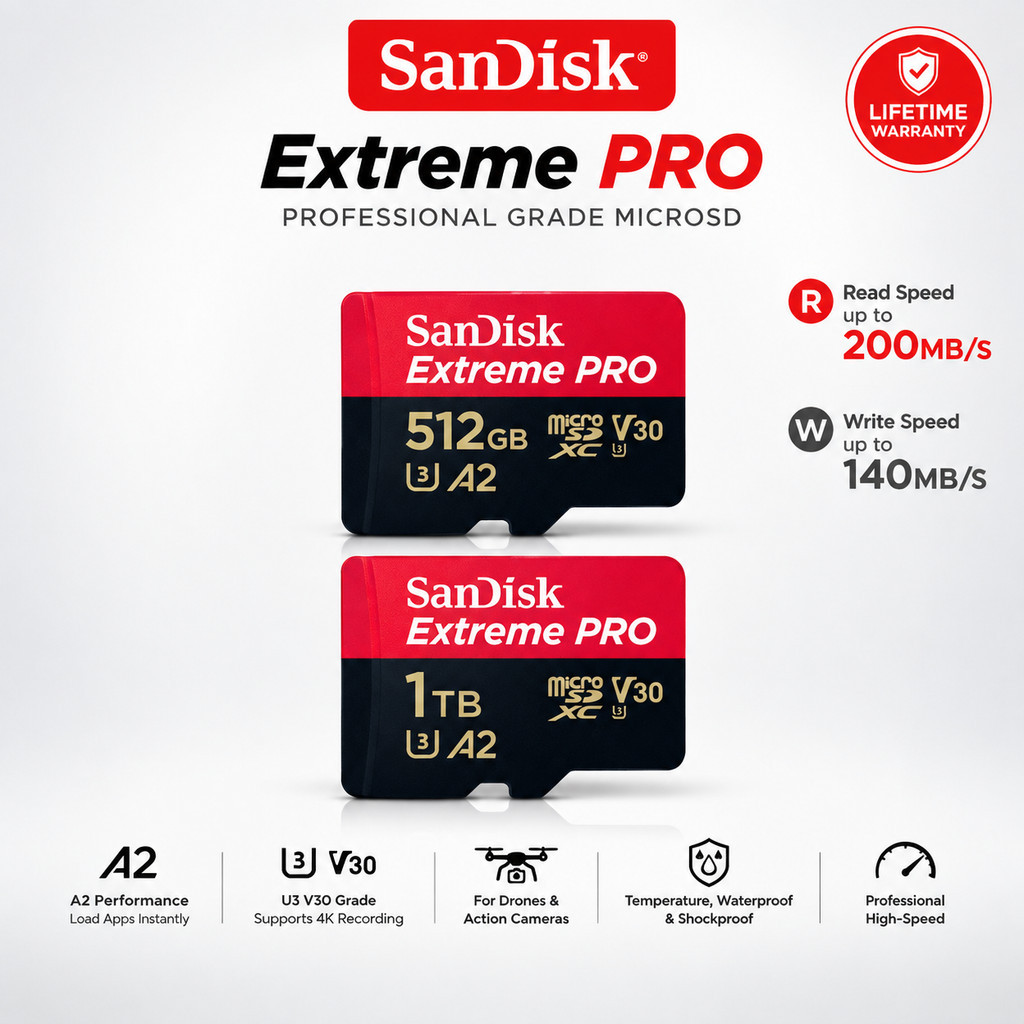เมมโมรี่การ์ด SanDisk Extreme Pro microSDXC 256GB V30 U3 C10 A2 200MB/s R 140MB/s สำหรับโทรศัพท์ กล้องติดรถยนต์ กล้องวงจ