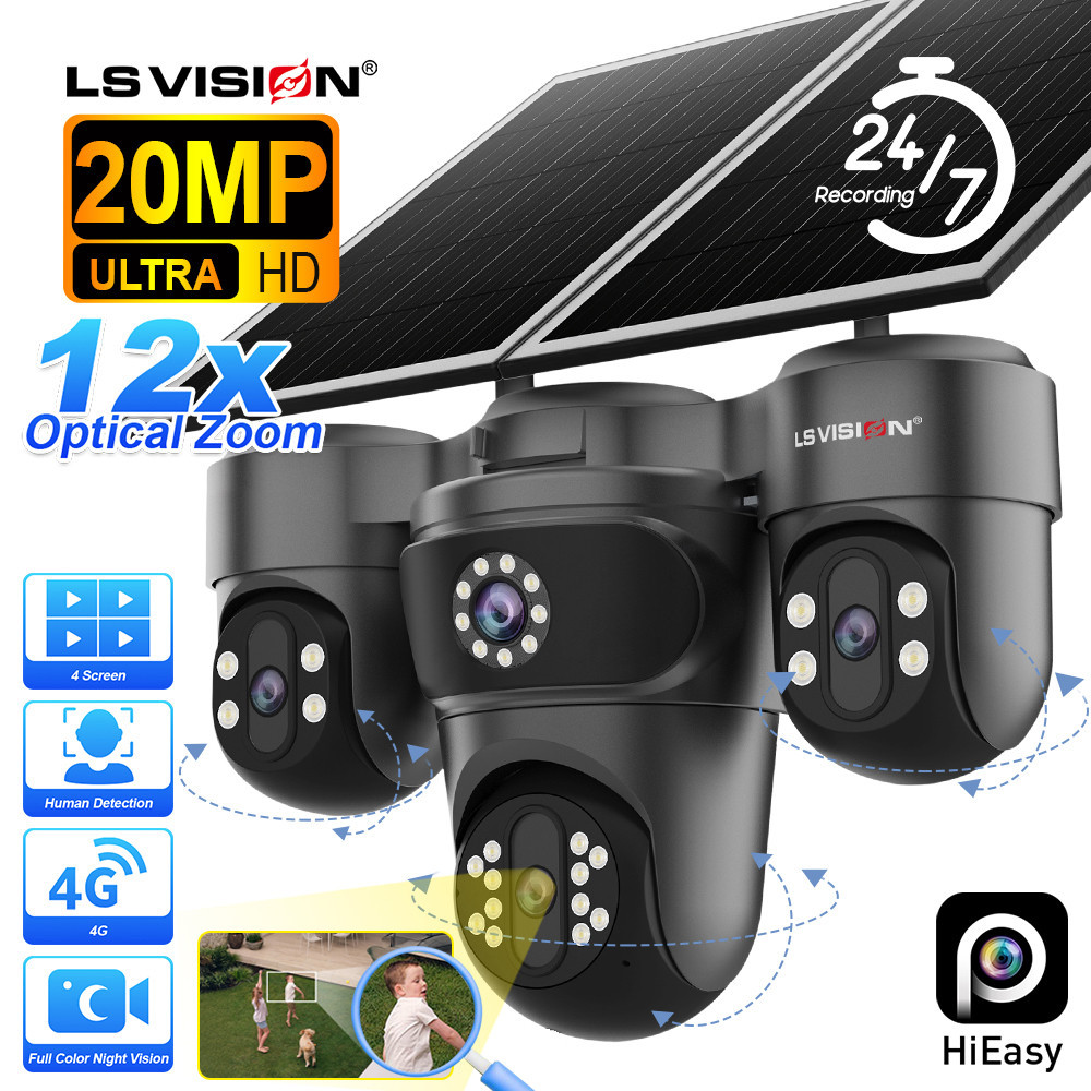 LS VISION 4K 20MP AOV(บันทึก 7*24h) กล้องพลังงานแสงอาทิตย์ 4G 12X ซูม 3 PTZ 4 เลนส์ 4 หน้าจอกล้องวงจรปิด 14400mAh แบตเตอรี่ IP66 ระบบรักษาความปลอดภัยกลางแจ้งกันน้ํา & AI ติดตาม 7 วันแบตเตอรี่