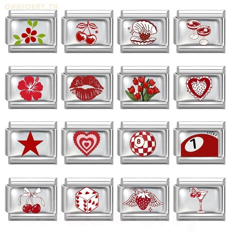 สร้อยข้อมือสแตนเลส ขนาด 9 มม. แบบ UV Red Heart Cherry Italian Charm สำหรับทำเครื่องประดับและตกแต่งบุคลิกภาพ