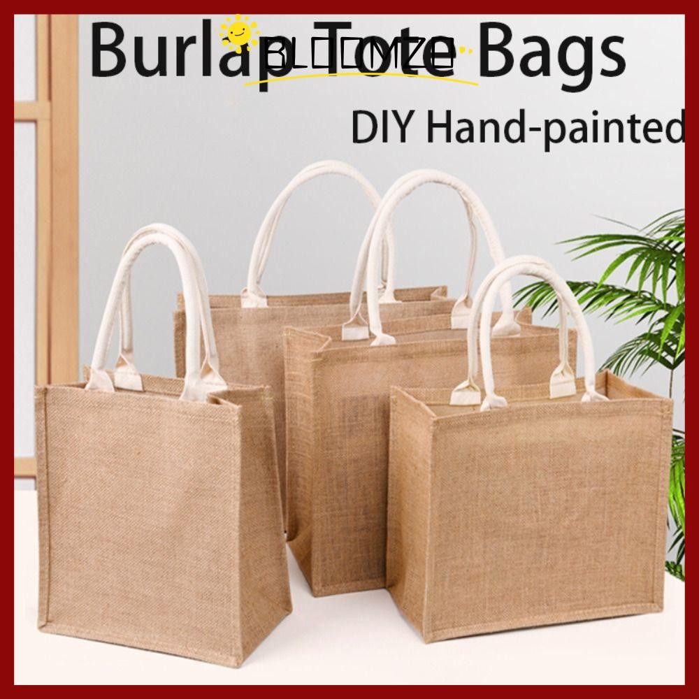 BLOOMZO ผู้หญิงผ้าลินินกระเป๋า,แบบพกพาเลียนแบบกระสอบ Burlap Tote กระเป๋า,Vintage Hand-painted Jute DIY เป็นมิตรกับสิ่งแวดล้อมถุงช้อปปิ้ง