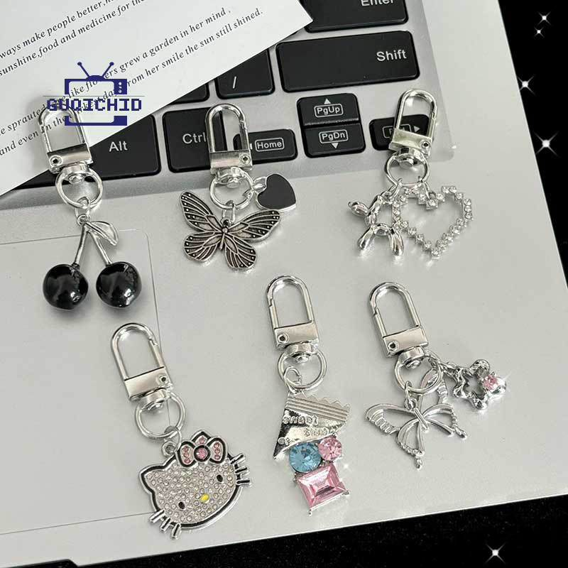 โทรศัพท์ โซ่คล้อง Y2K Silver Metal Butterfly Keychain Bag Pendant Girls Fashion Cherry Keyring พวงกุญแจ /โซ่พวงกุญแจ