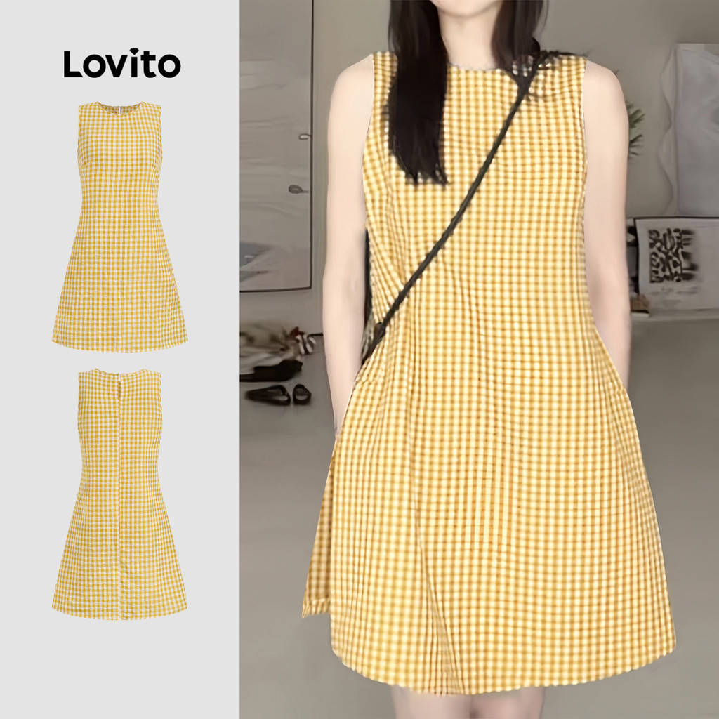Lovito ชุดเดรสที่เป็นกันเอง กระเป๋าและสปริง/ฤดูร้อน สีเหลือง สำหรับผู้หญิง L154ED012
