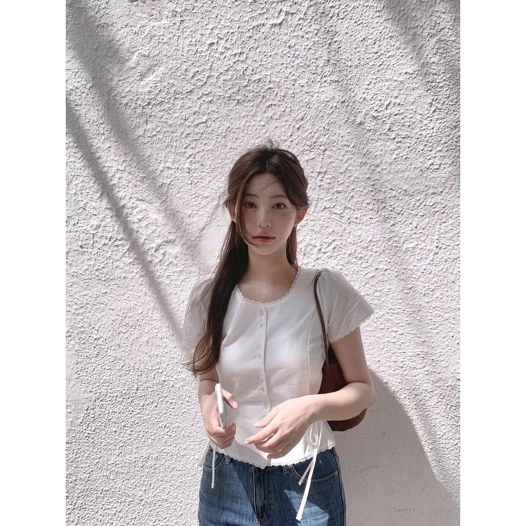 KEMEJA Verve ตู้เสื้อผ้าฤดูร้อนใหม่เอวบางเสื้อคอกลมแขนสั้น