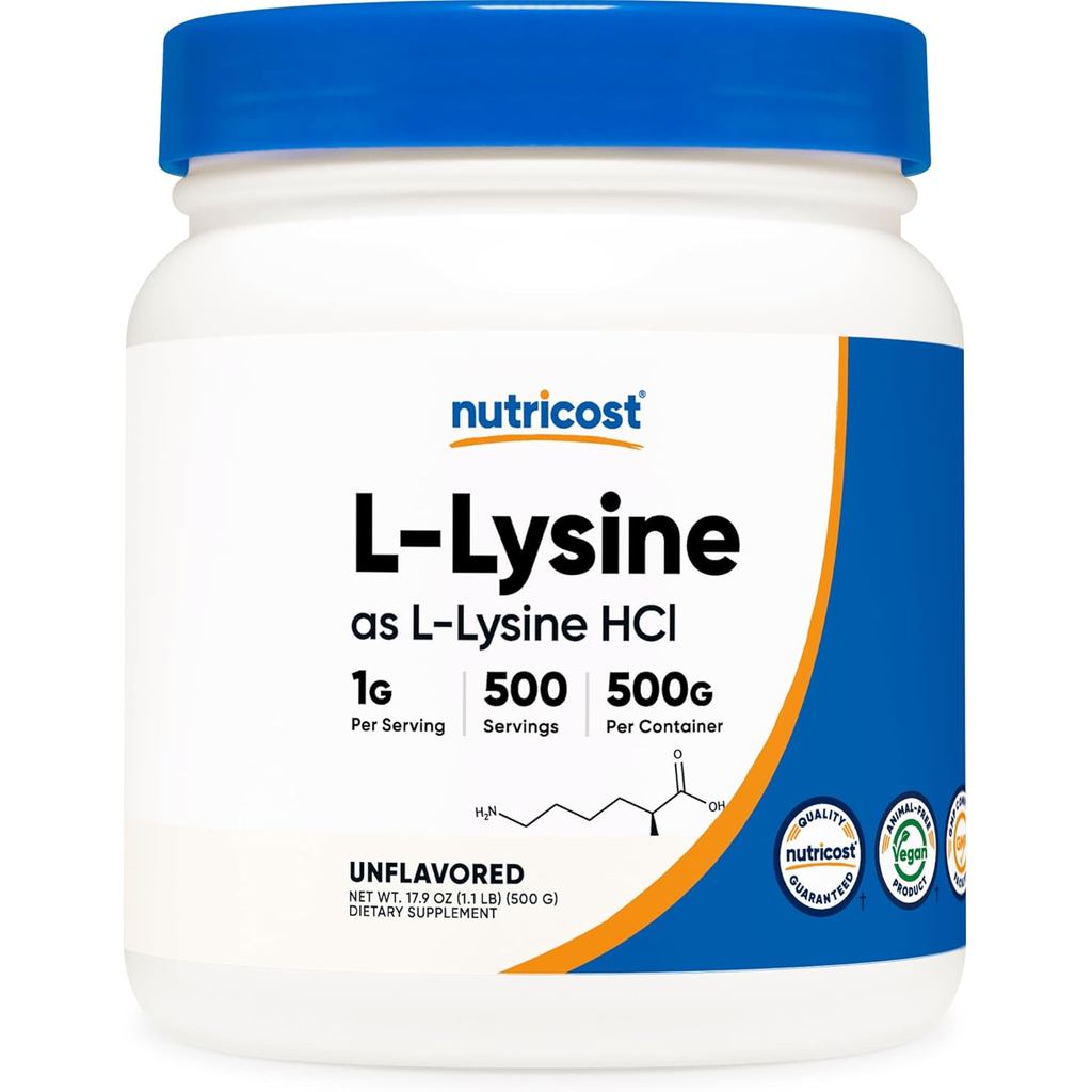 Nutricost L-Lysine Powder 500 กรัม - L-Lysine บริสุทธิ์ ไม่ใช่จีเอ็มโอ ปราศจากกลูเตน