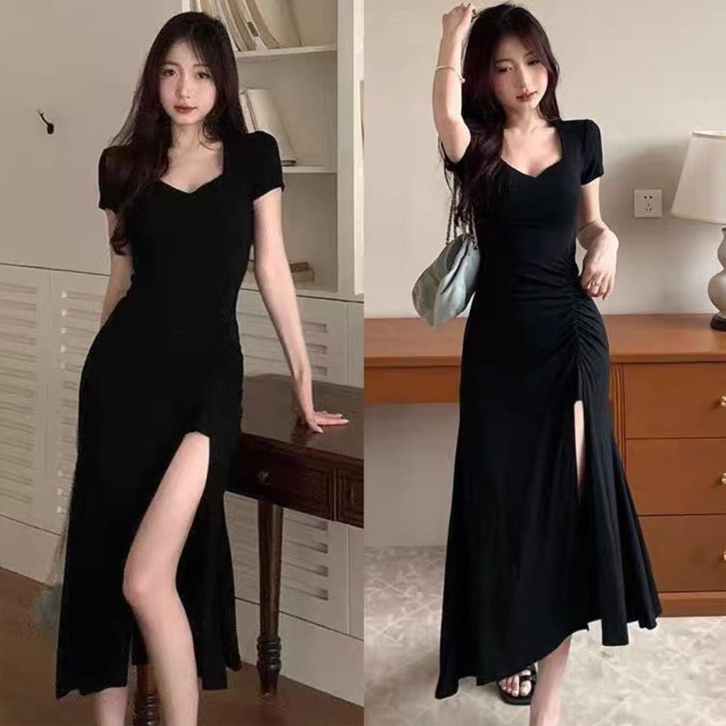 เดรสคอวีดีไซน์ผ่าข้างสุดหรูหรา โดดเด่นไม่ซ้ำใคร  เดรสจีบเข้ารูป ยาวถึงเข่า
