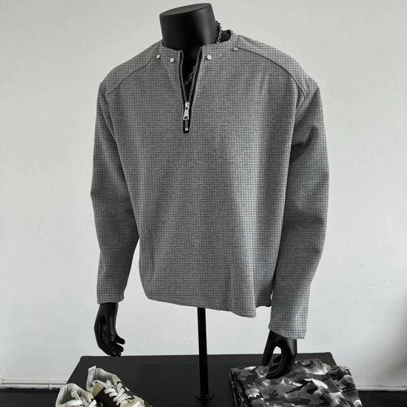 Half Zipper Waffle Sweater Men's Spring and Autumn American High Street Rivet Long Sleeve T-shirt Pu