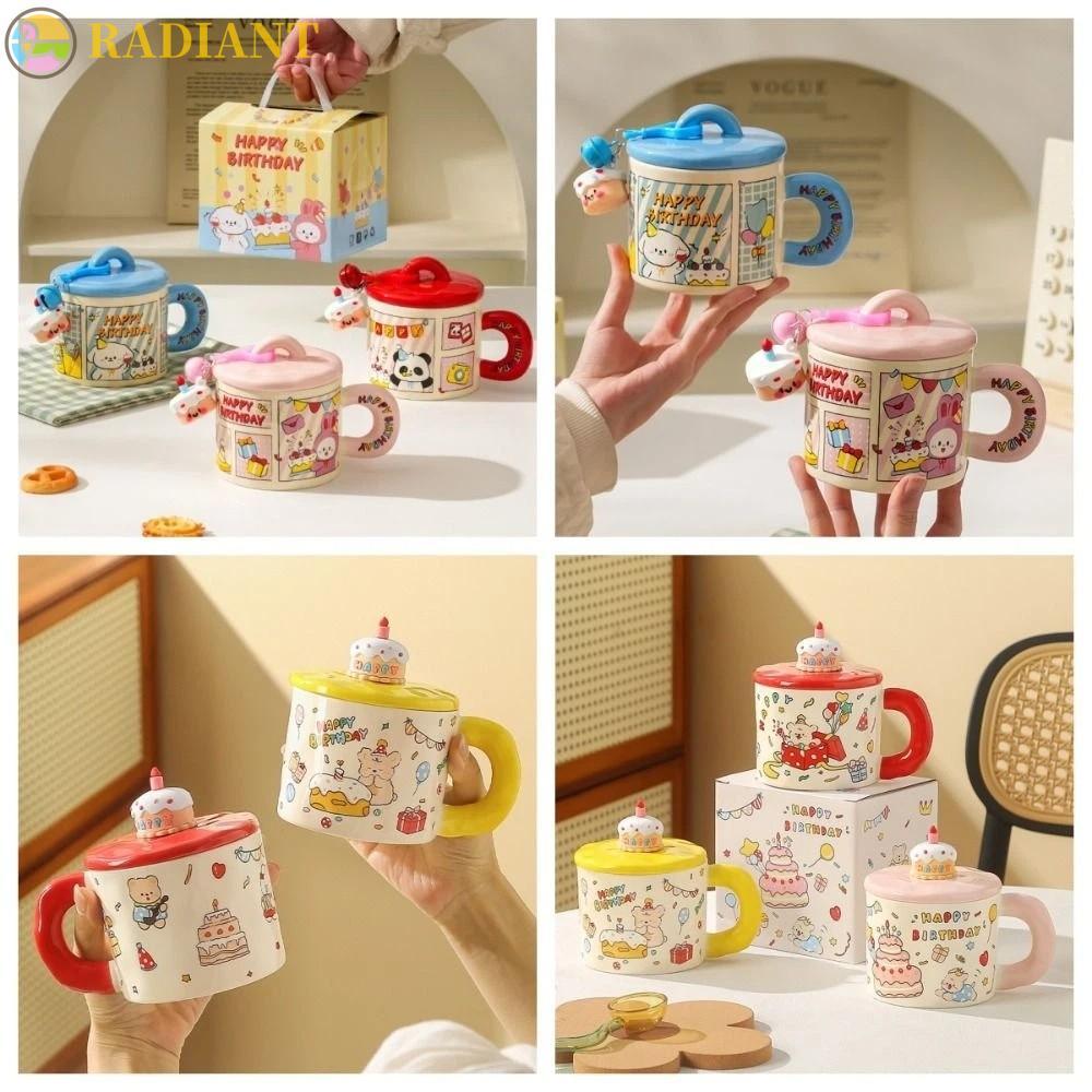 RADIANTF Happy Birthday Mug, Aesthetic Ceramic Cartoon Ceramic Mug Cup, Water Mug Cup Dog/Rabbit/Pan