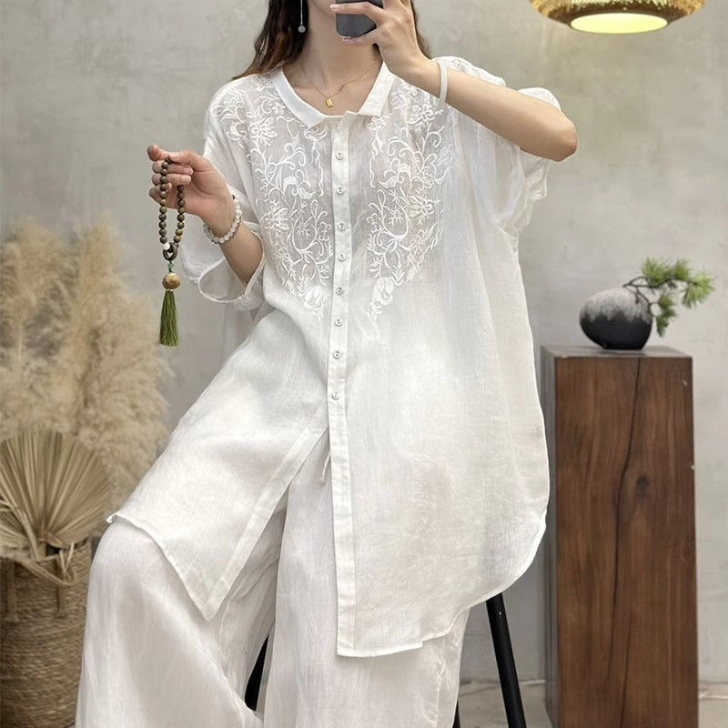 เสื้อเชิ้ตแขนสั้นปักลายสไตล์แห่งชาติ สำหรับผู้หญิง ขนาดกลางและสวมใส่สบาย