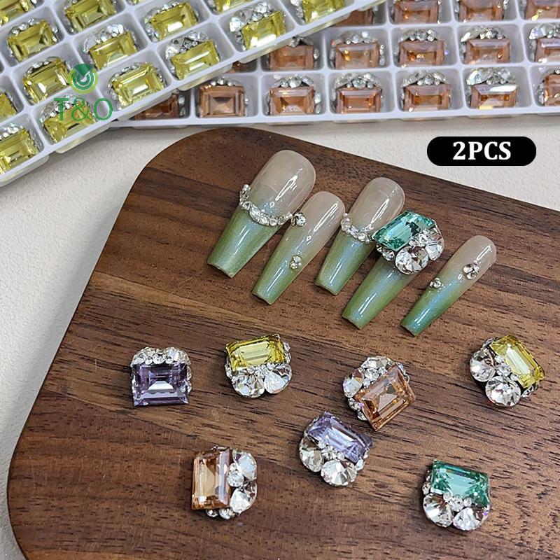 T & O 2 ชิ้นคริสตัลเล็บแฟ้มเพชร Luxury Square Nail Art Rhinestones อัญมณี Sparkle แก้วเล็บหิน DIY Ch