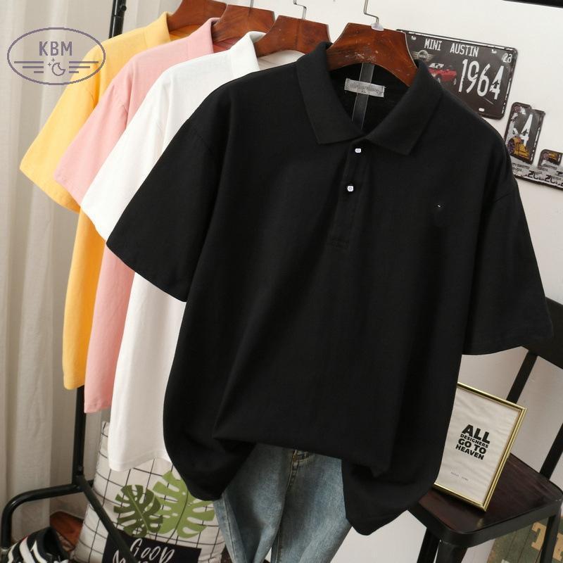 KBM เสื้อยืดสีดำ แขนสั้น ปกกระดุมหลวม ทรงพื้นฐาน สีพื้น เสื้อโปโลผู้หญิง สีดำ เสื้อผ้าไว้ทุกข์ FSSG