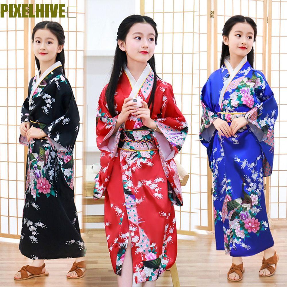 PIXELHIVE​ เด็กชุดกิโมโนญี่ปุ่นแบบดั้งเดิม,พิมพ์ดอกไม้สไตล์ญี่ปุ่นเด็กซากุระสาวชุดกิโมโน,ความสง่างามใหม่เอเชียเด็กสไตล์ญี่ปุ่นยูกาตะเสื้อคลุมอาบน้ําประ