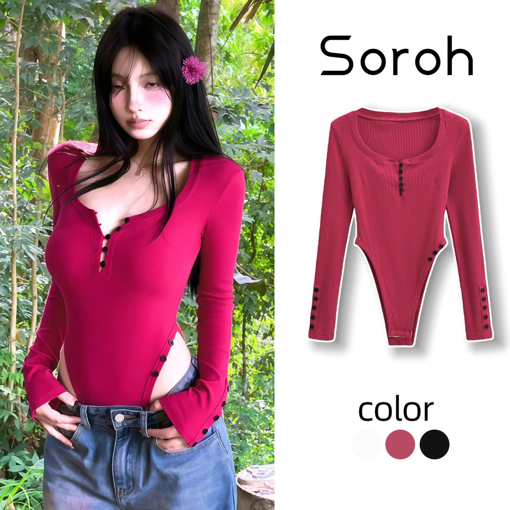 ⭐Soroh⭐บอดี้สูท มฟองน้ำ คอกลม แขนยาว รัดรูป ผ้าร่องเล็ก เสื้อไปทะเล สไตล์สาวเท่ แฟชั่นสายฝอ#FY8725