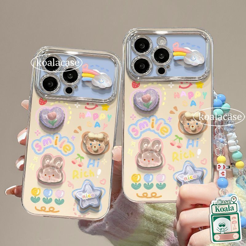 สำหรับ iPhone 17 16 15 11 13 12 14 Pro Max 7 8 Plus XR X XS Max หน้าต่างบานใหญ่เคลือบด้วยไฟฟ้า 3D กระต่ายหมีเคสดอกทิวลิป