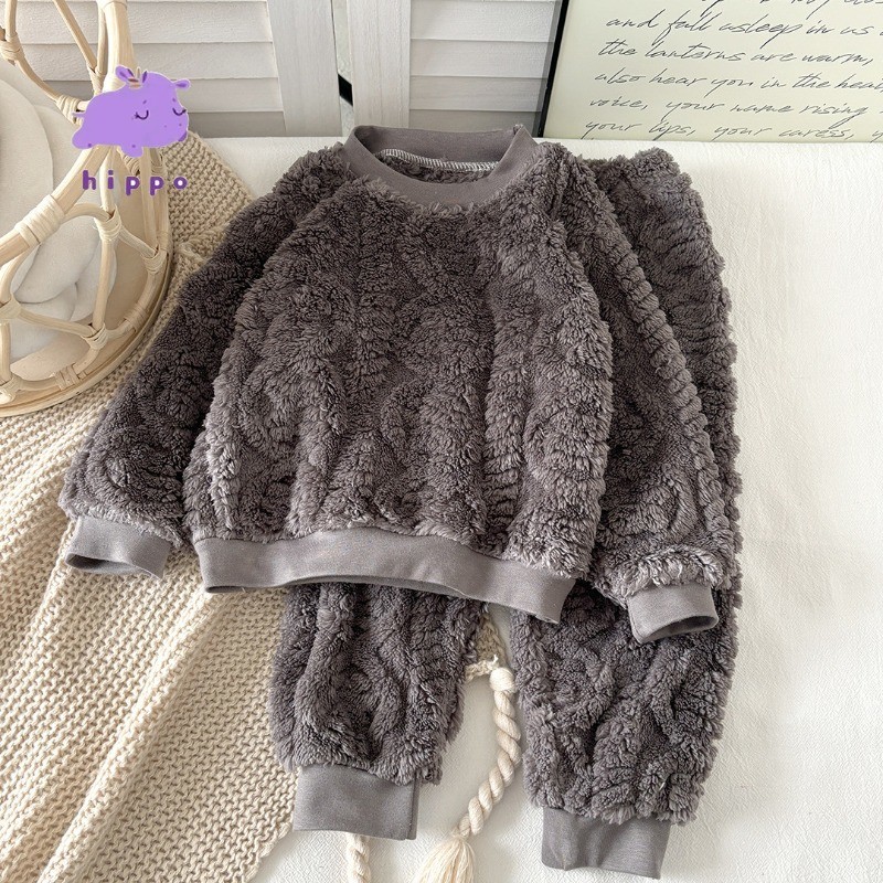 80-130 ซม.เด็ก Flannel ชุดนอนชุดฤดูใบไม้ร่วงฤดูหนาวชายหญิงขนแกะ-ขนแกะ Warm Homewear ชุดสองชิ้น